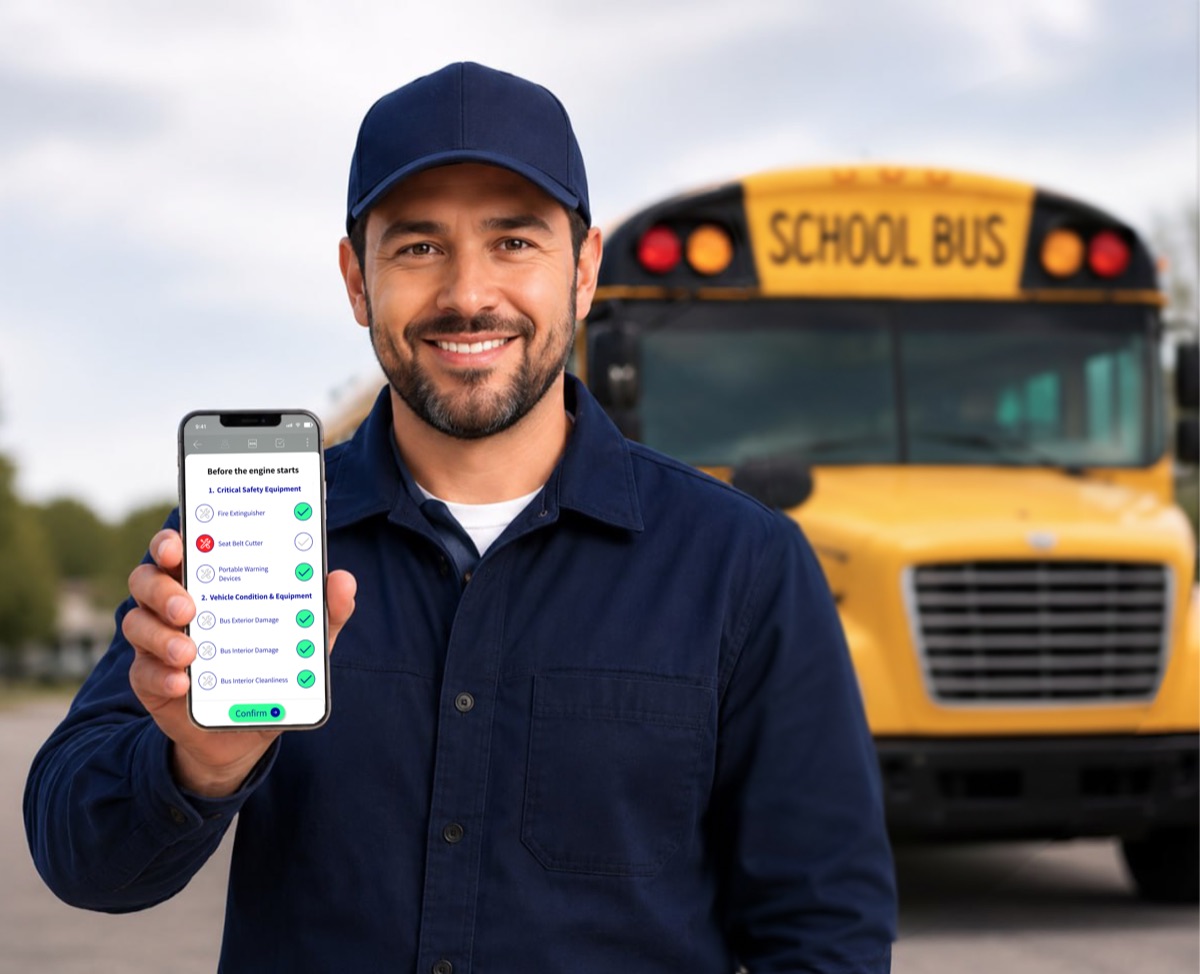 School bus driver completing a WeOrda pre-trip inspection checklist on his phone